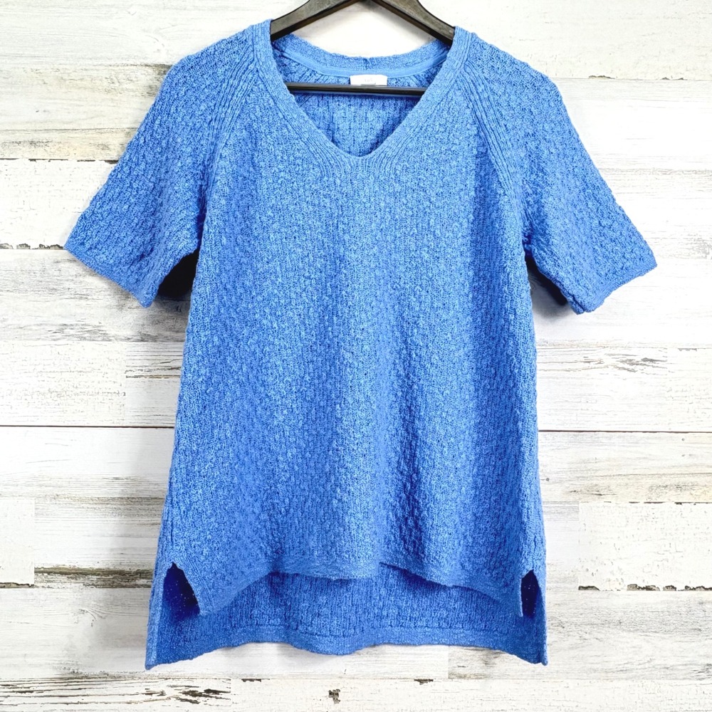 J Jill‎ Blue Textured Knit V Neck Short Sleeve Tunic Sweater Womens Medium